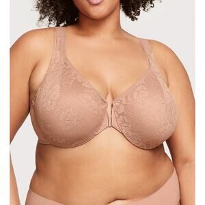 Glamorise Bra 48C WonderWire Lacey T-Back Front-Close Cappuccino Lace 9246 NEW